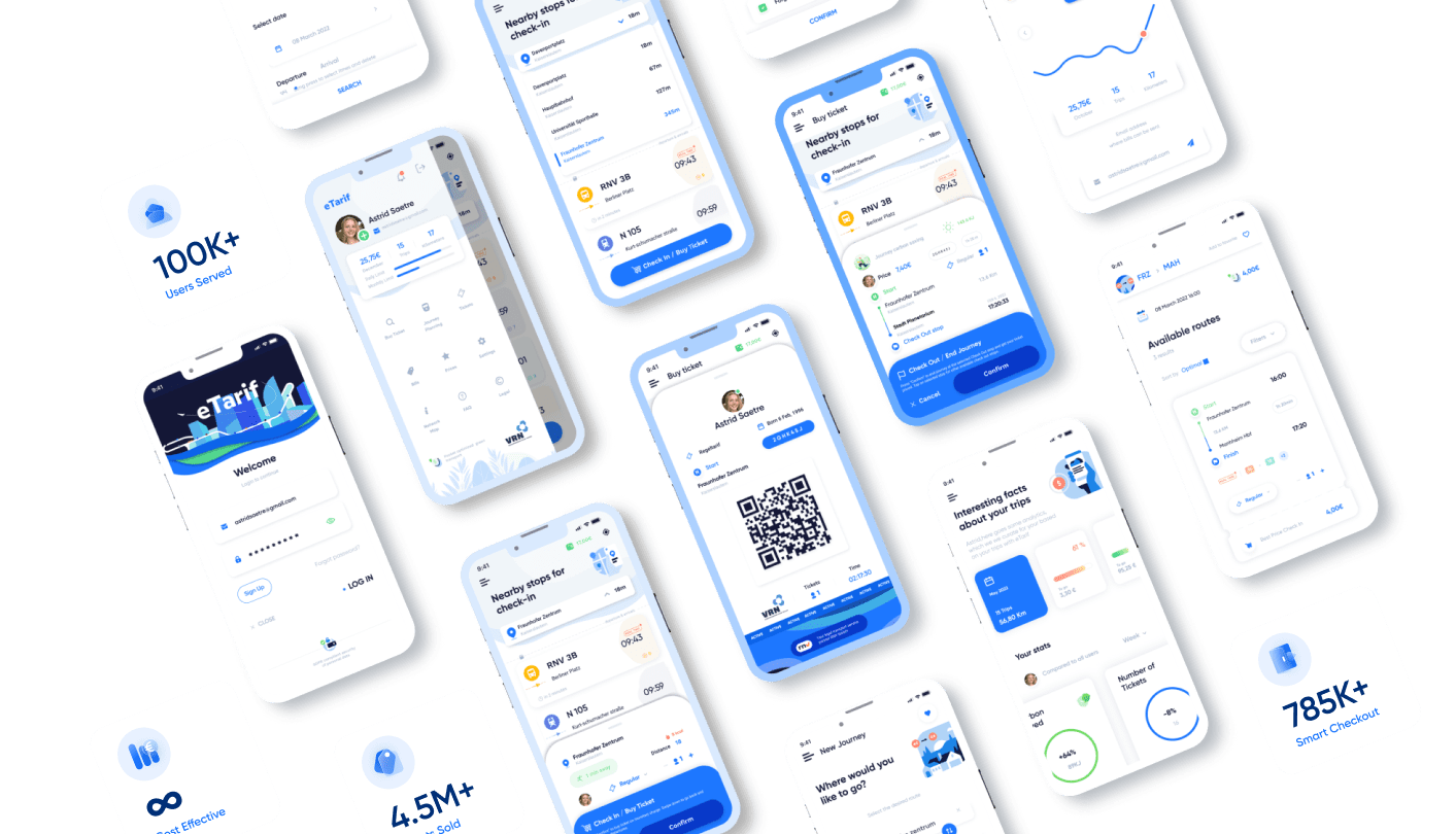 eTarif pilot screens for check-in, tickets, trips, and service reporting
