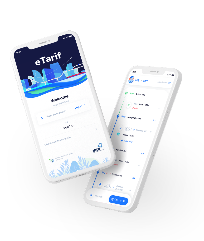 eTarif trip and ticket screens on two smartphones