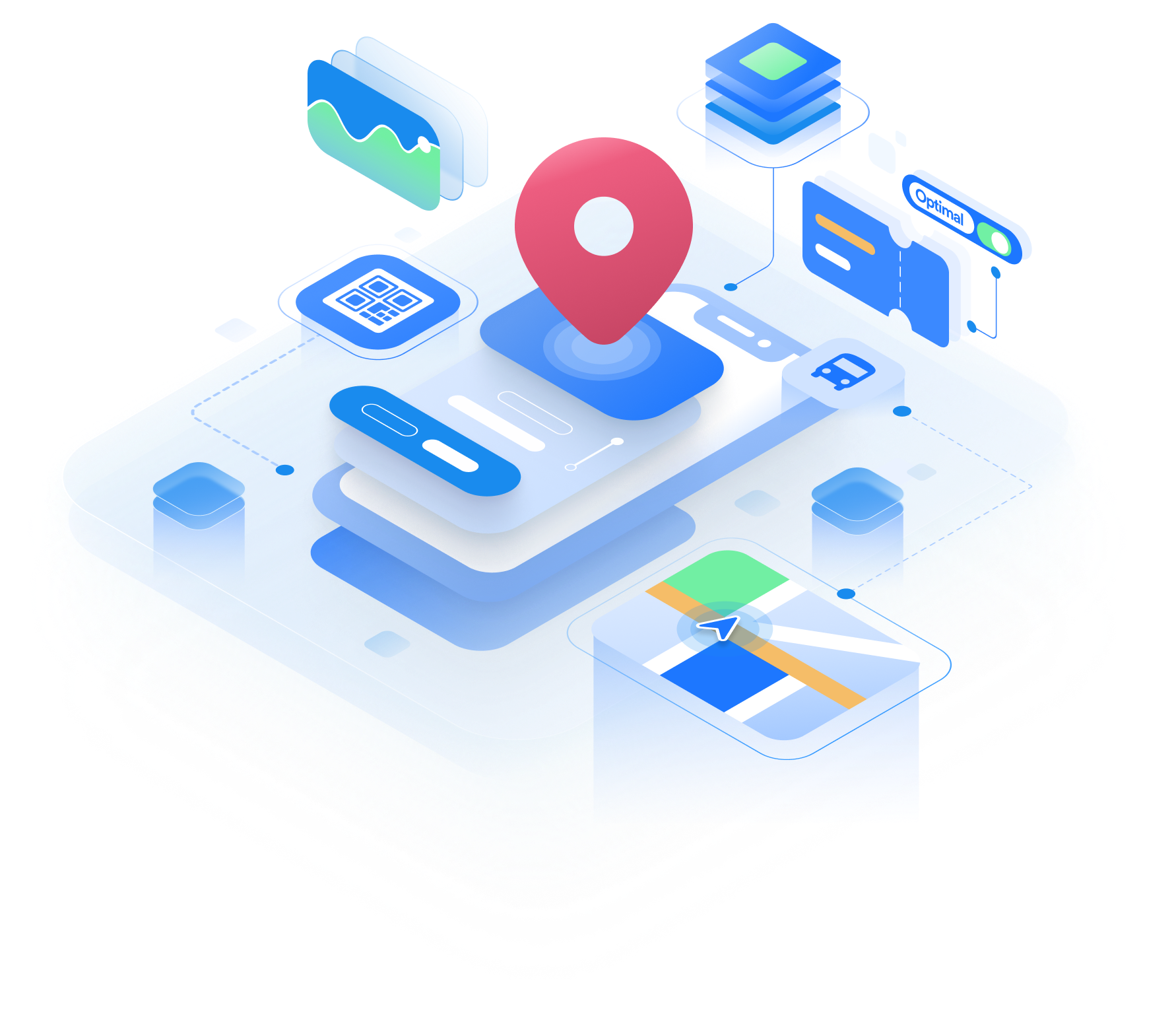 Isometric public transport network connecting maps, fares, and passenger services